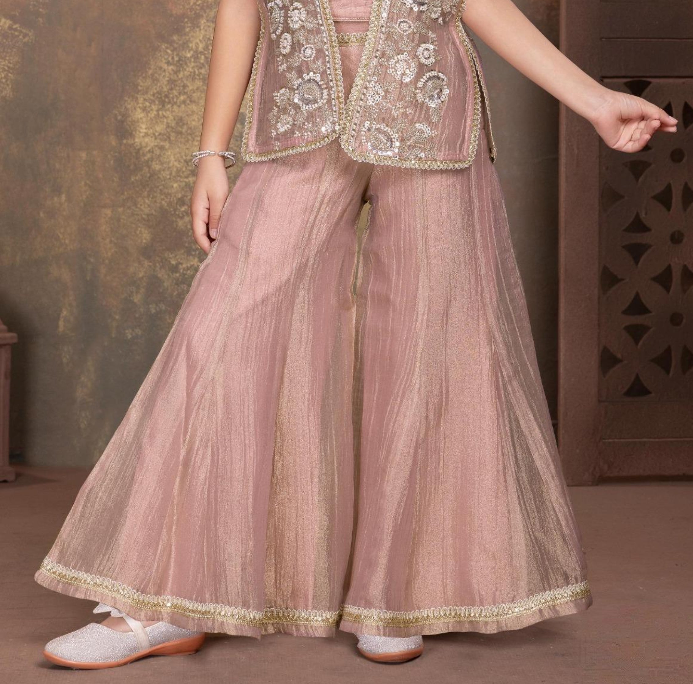 Rose Pink Embroidered Jacket Sharara Set | Ethnic Wear for Girls