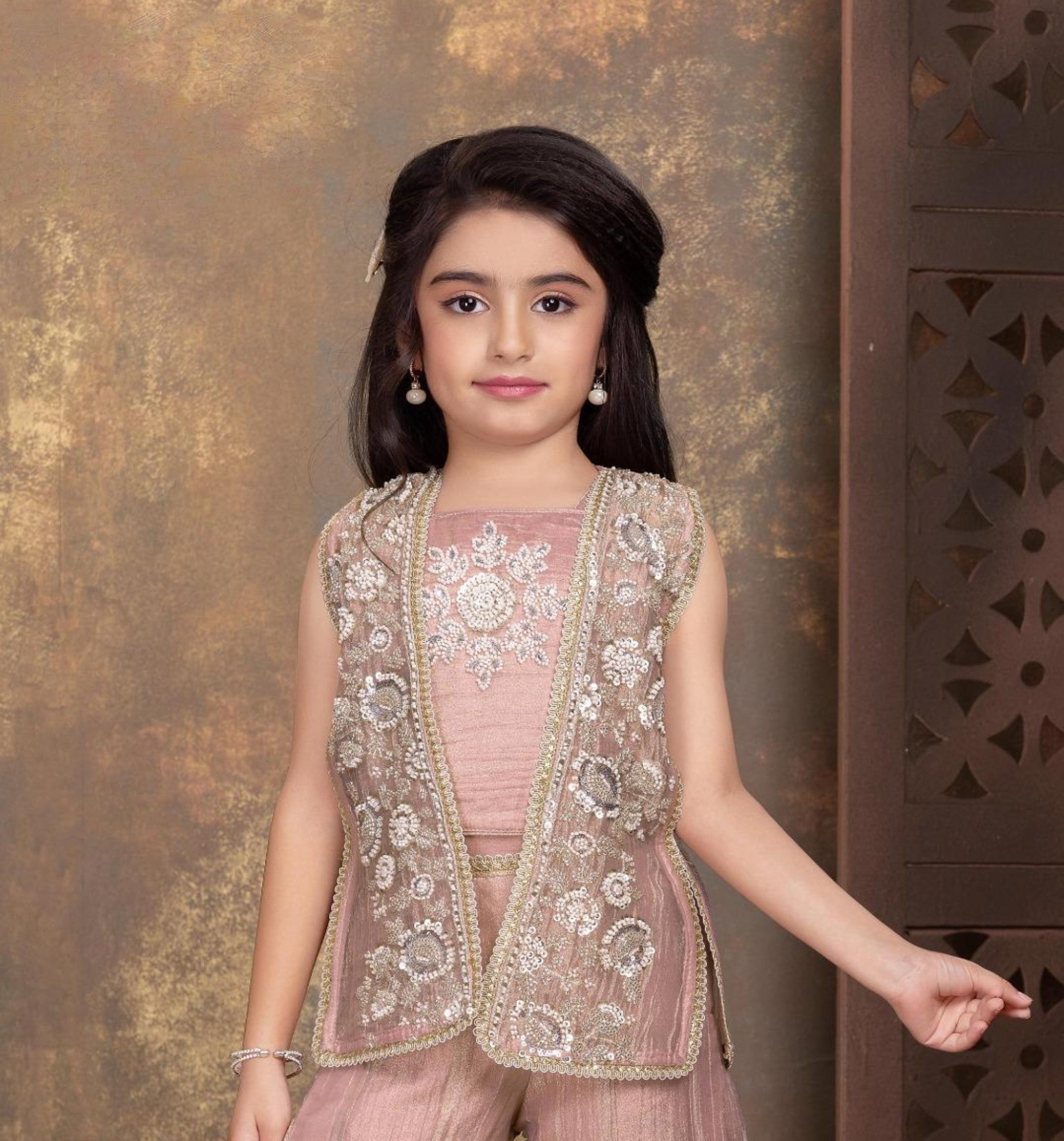 Rose Pink Embroidered Jacket Sharara Set | Ethnic Wear for Girls