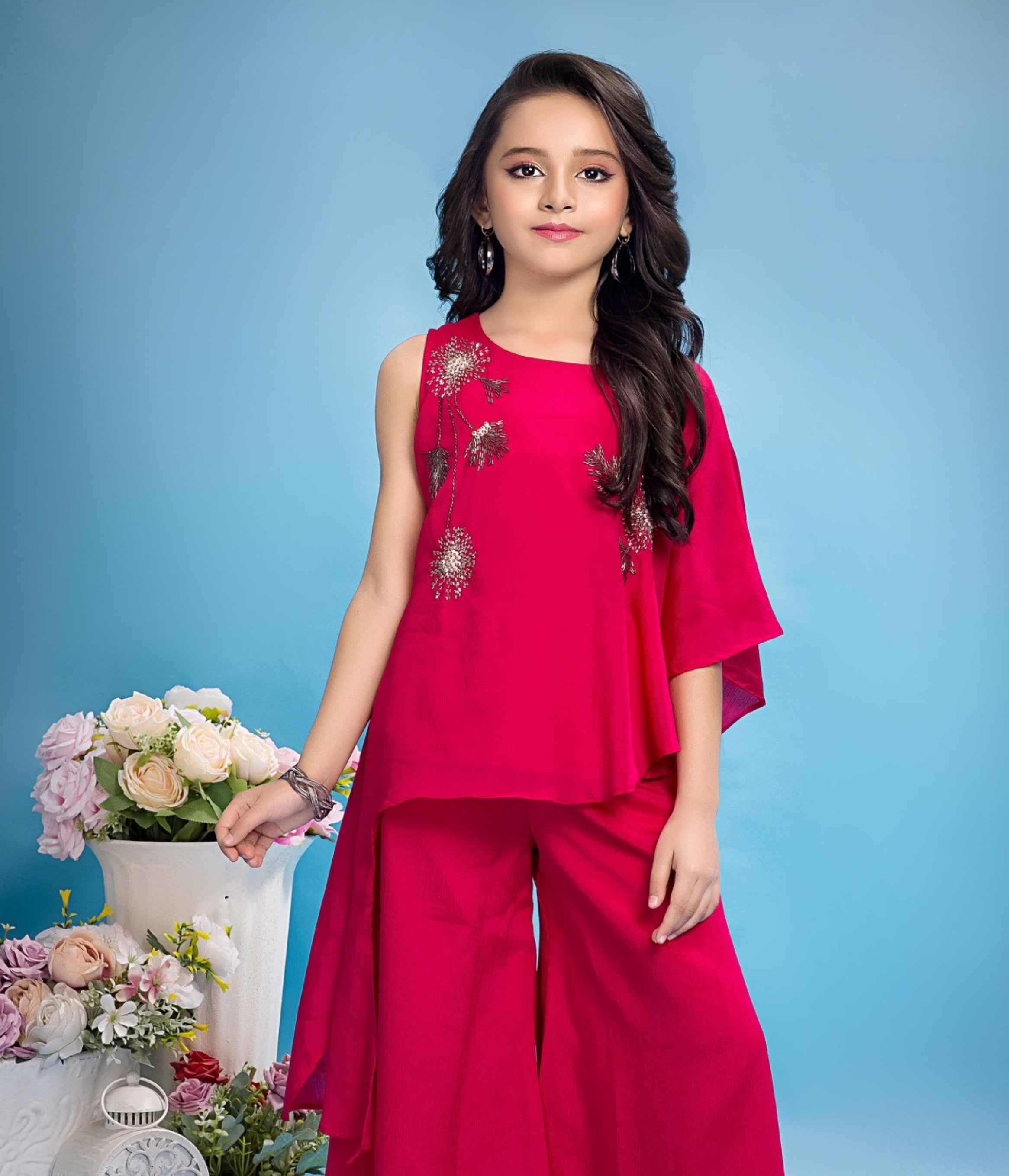 Girls Rani Pink One Shoulder Top with Palazzo  | Ethnic Wear for Kids