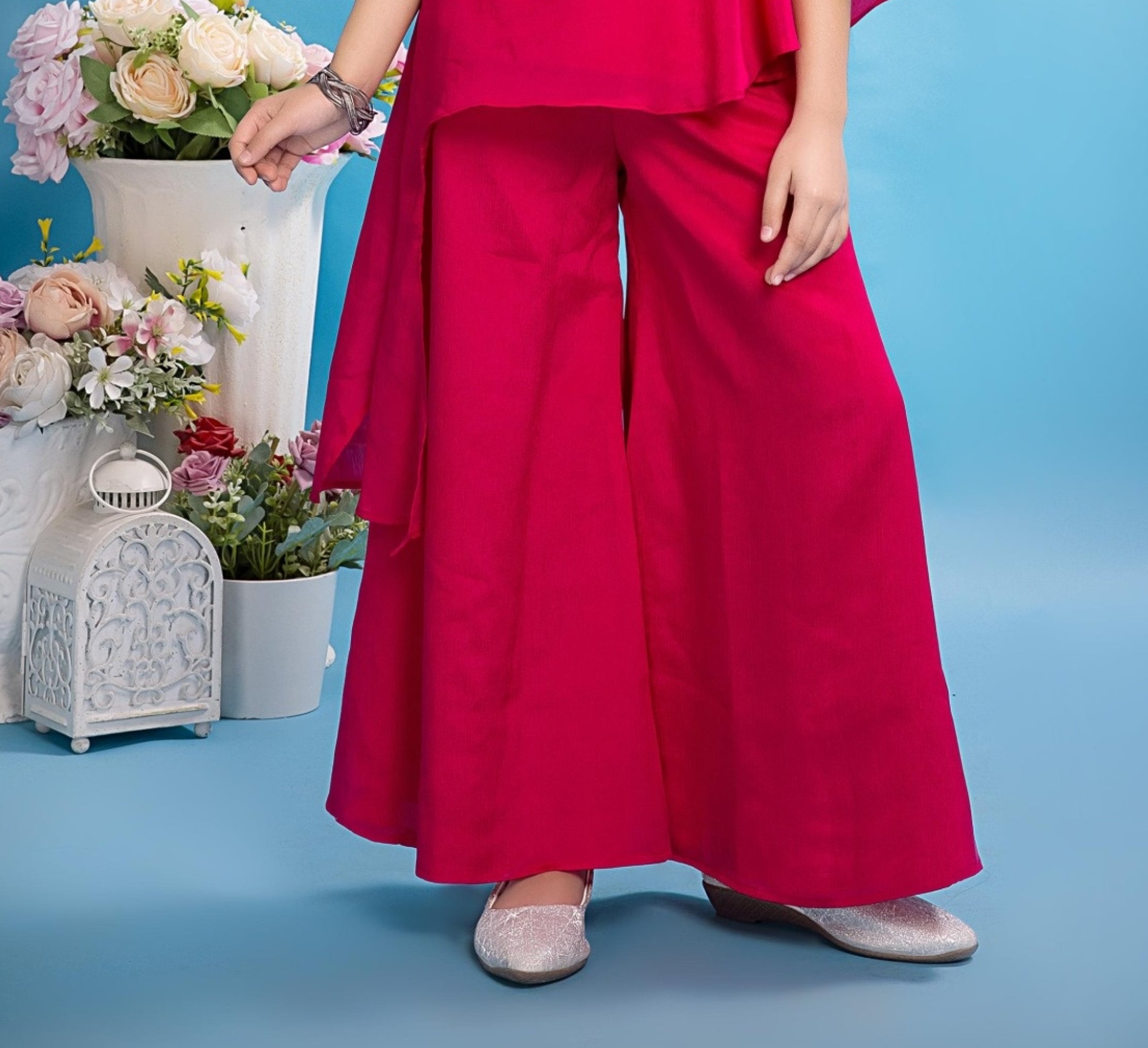 Girls Rani Pink One Shoulder Top with Palazzo  | Ethnic Wear for Kids