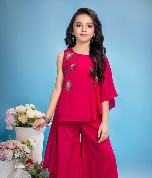 Girls Rani Pink One Shoulder Top with Palazzo  | Ethnic Wear for Kids