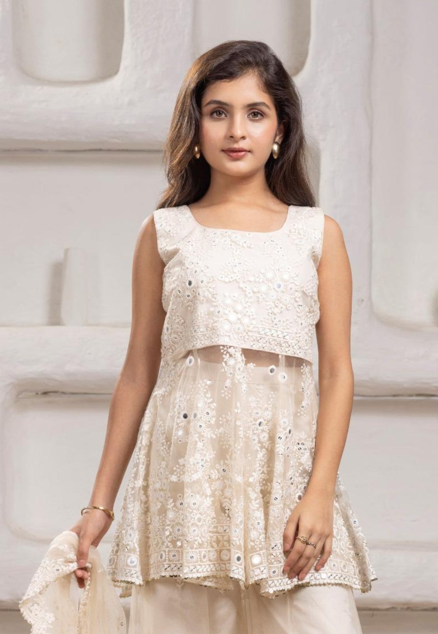 Cream Mirror Work Sharara Set