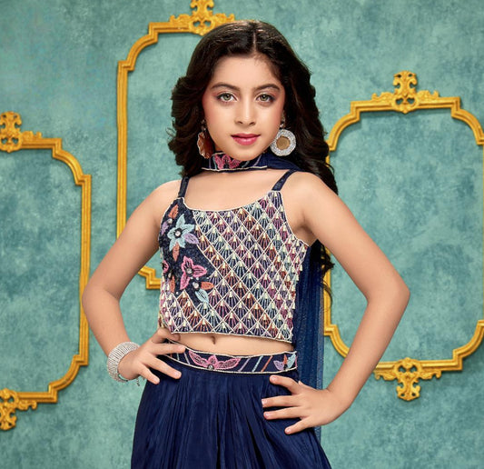 Navy Blue Embroidered Crop Top & High-Low Skirt Set with Dupatta | Ethnic Wear for Girls