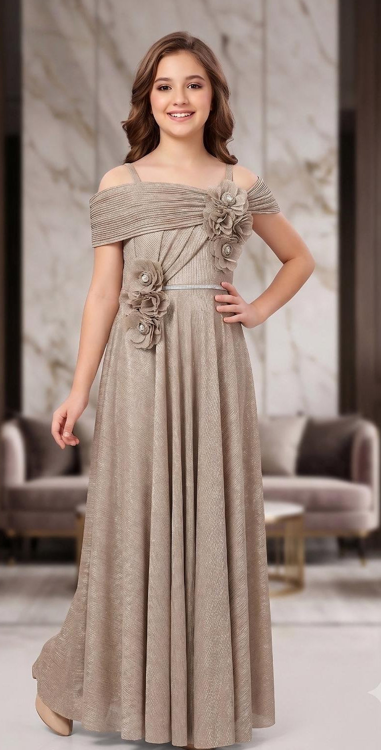 Champagne Gold Shimmer Floral Off-Shoulder Long Gown | Party Wear Dress For Girls