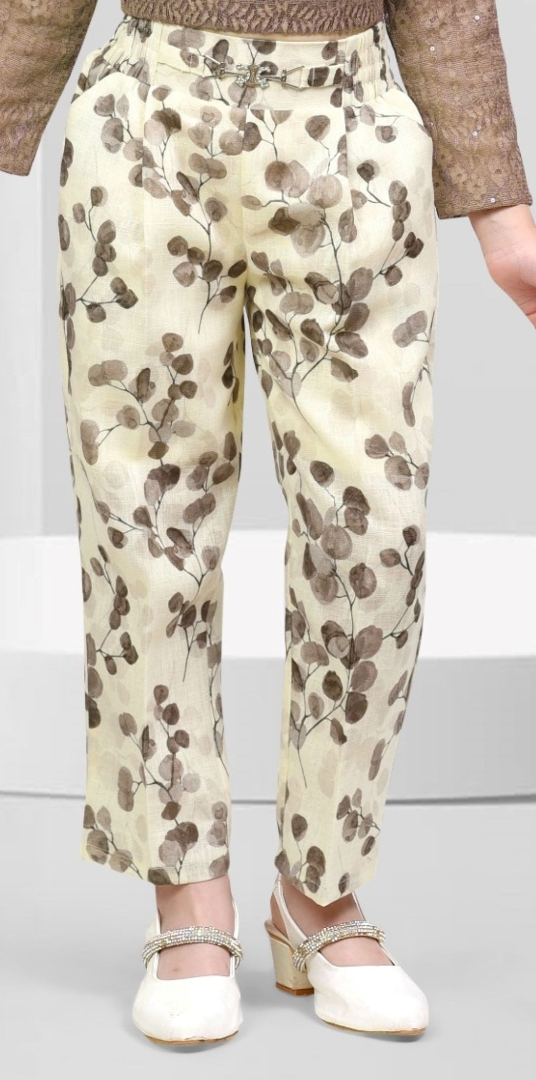 Mocha Brown -Textured Top & Leafy Trousers Set