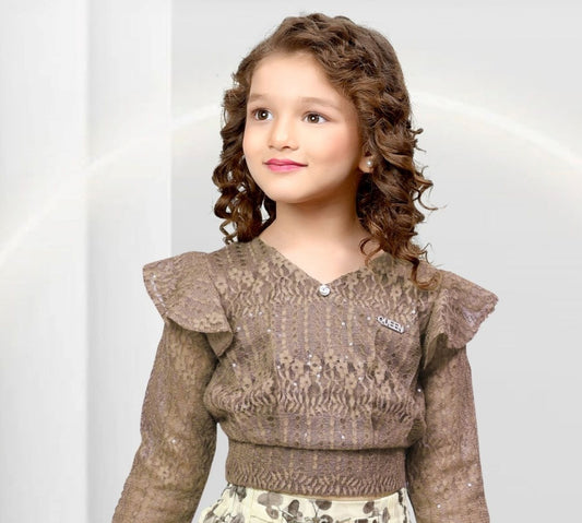 Mocha Brown -Textured Top & Leafy Trousers Set