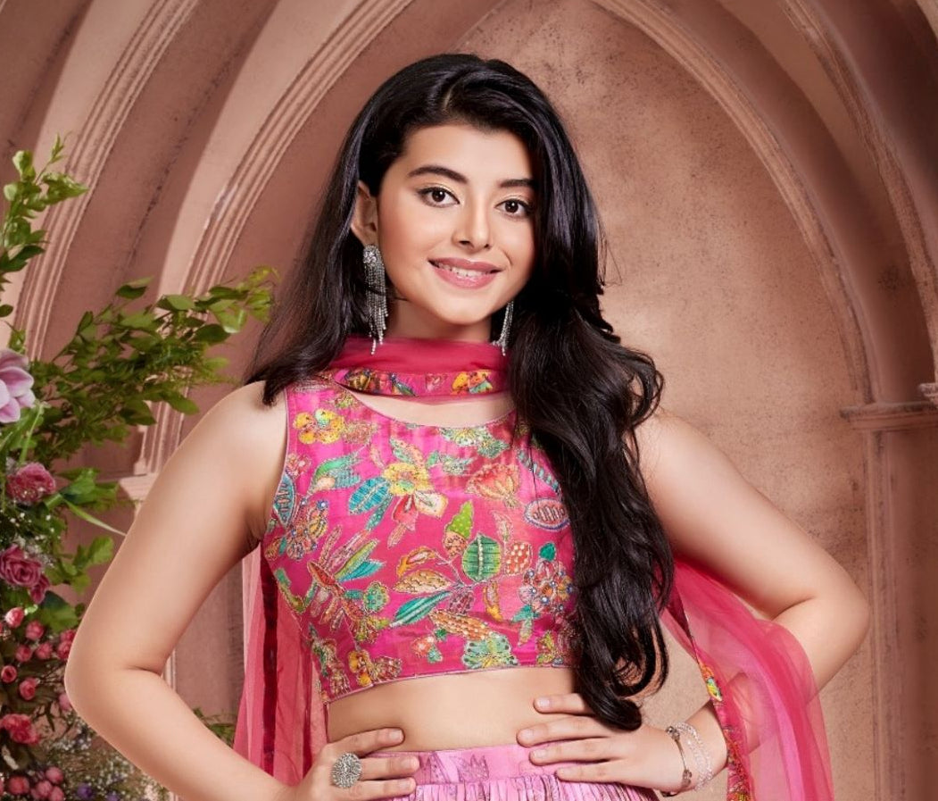 Pink - Floral Embroidered Lehenga Set