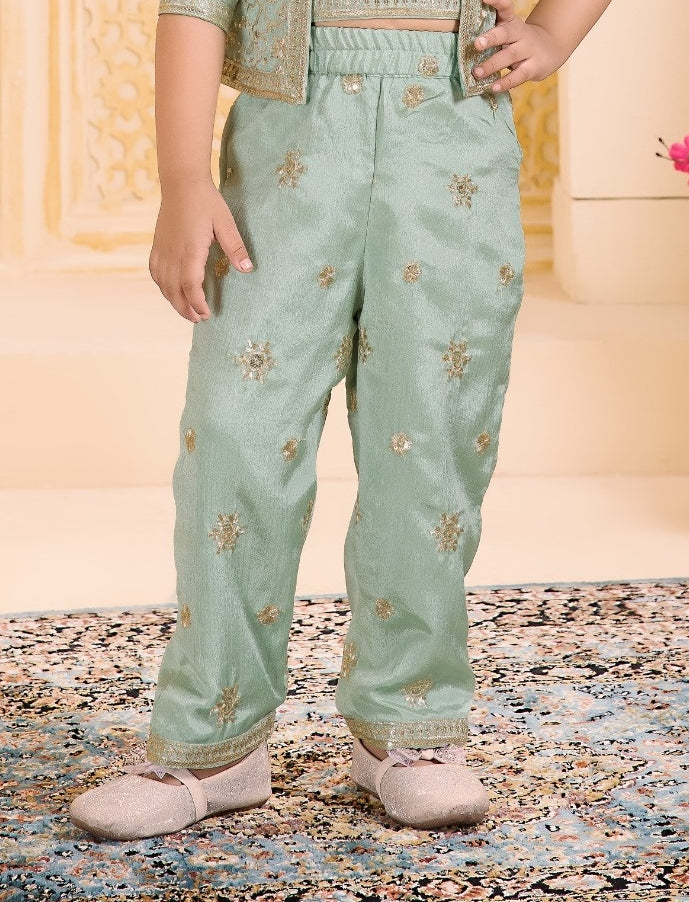 Sage Green Embroidered Jacket Pant Set | Kids Ethnic Outfit for Girls