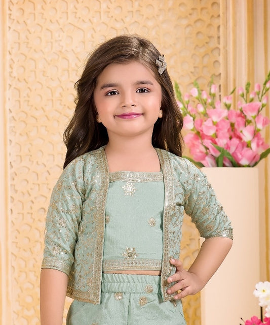 Sage Green Embroidered Jacket Pant Set | Kids Ethnic Outfit for Girls