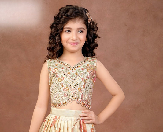 Ivory Cream Blossom Designer Lehenga Set | Kids Ethnic Wear for Girls