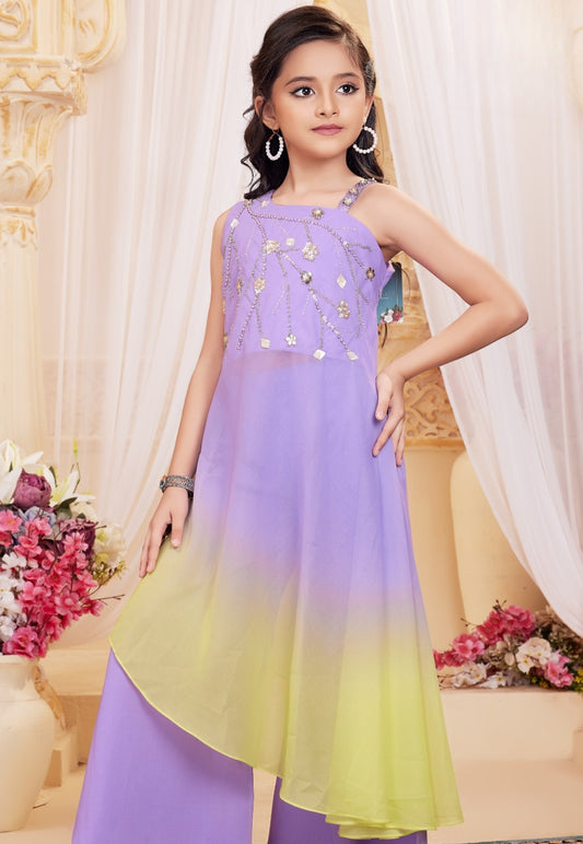 Girls Purple Ombre Designer Sharara Set with Embellished Top & Dupatta |Ethnic Wear for Kids