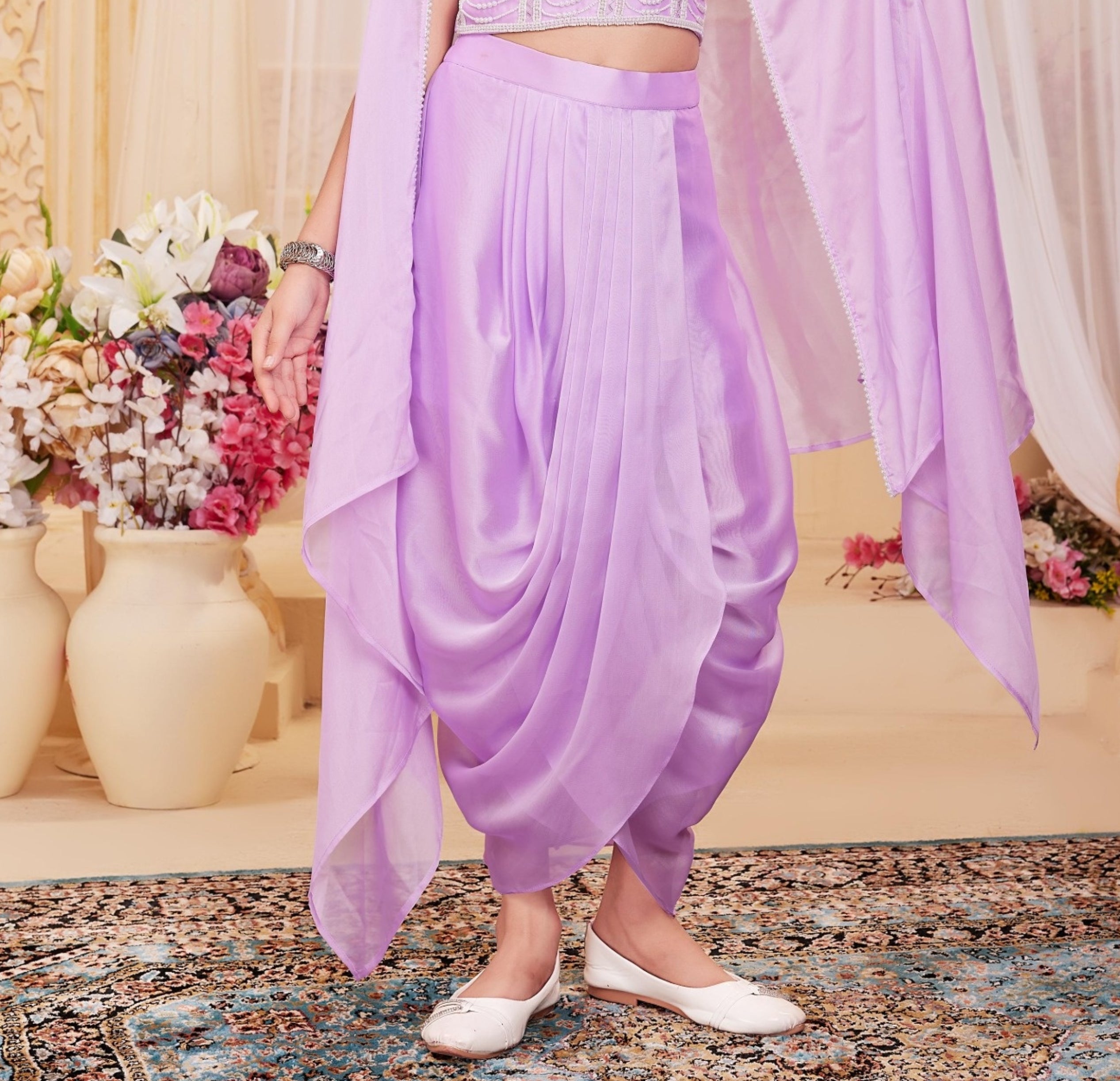 Girls Lavender Embellished Crop Top with Dhoti Pants & Cape Dupatta | Ethnic Wear For Girls