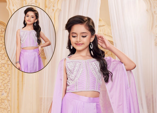 Girls Lavender Embellished Crop Top with Dhoti Pants & Cape Dupatta | Ethnic Wear For Girls