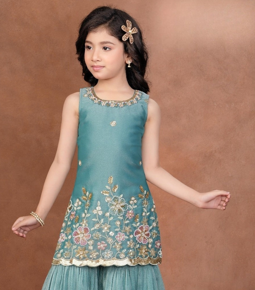 Teal Green Blossom Luxe Sharara Set | Kids Ethnic Outfit for Girls