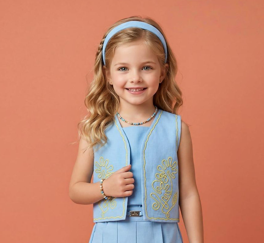 Girls Sky Blue Designer Co-Ord Dress Set with Embroidered Vest And Skirt  | Western Wear For Kids