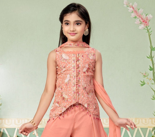 Coral Peach Blossom Luxe Sharara Set | Kids Ethnic Outfit for Girls