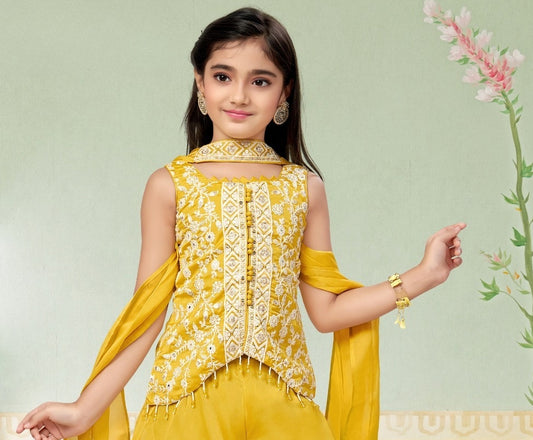 Sunshine Yellow Royale Embroidered Palazzo Set | Kids Ethnic Outfit for Girls