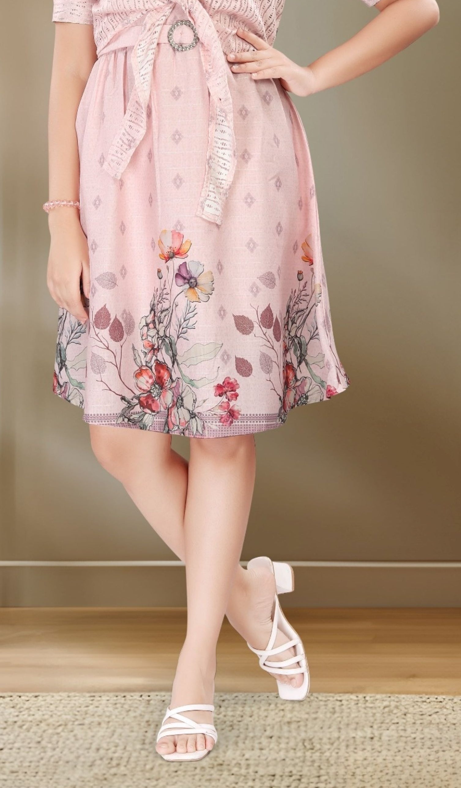 Blush Pink -Rosy Meadow Belted Short Frock