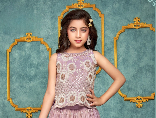 Lavender Floral Embroidered Lehenga Choli with Dupatta |  Ethnic Wear Set for Kids