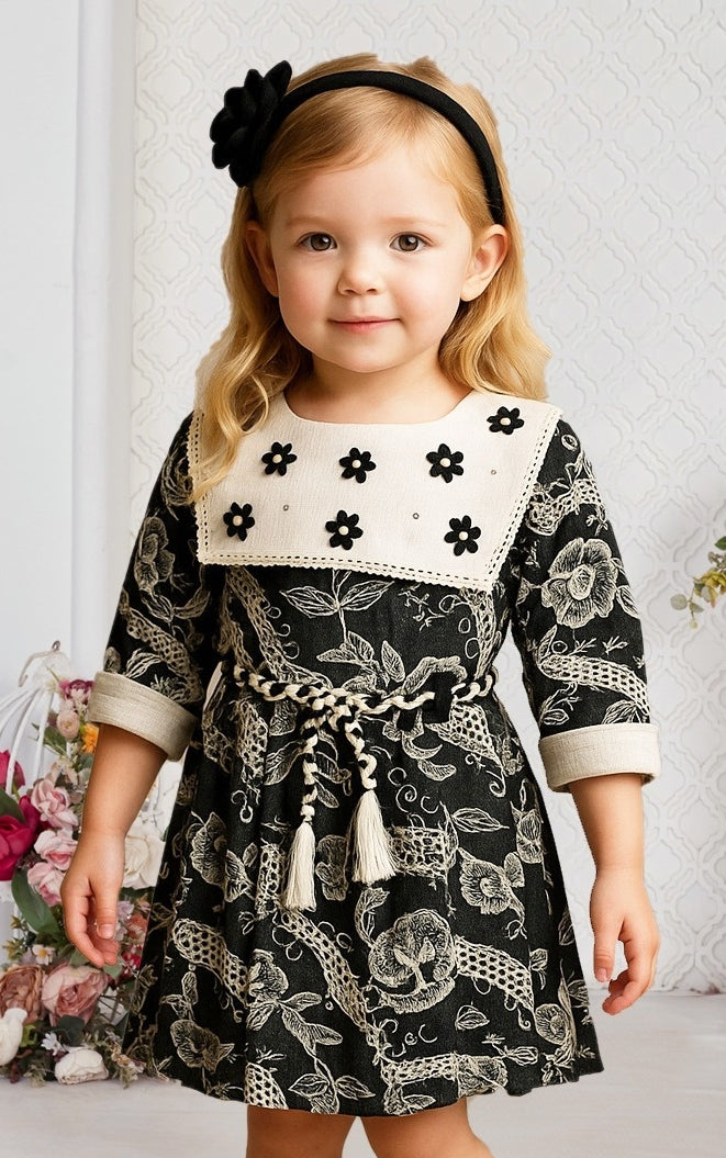Black & Ivory Floral Short Frock | Casual  Wear Kids Dress for Girls