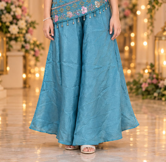 Teal Blue Floral Embroidered Asymmetric Kurta & Palazzo Set with Tassel Detailing | Ethnic Wear for Girls