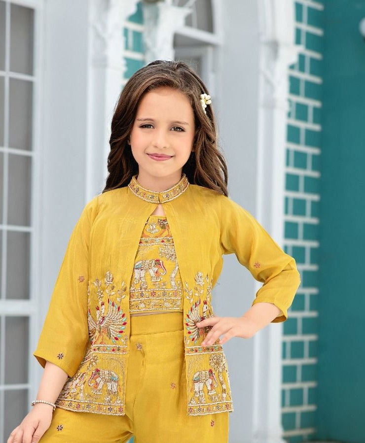 Royal Mustard Gold Embroidered Jacket Palazzo Set |  Kids Ethnic Outfit for Girls