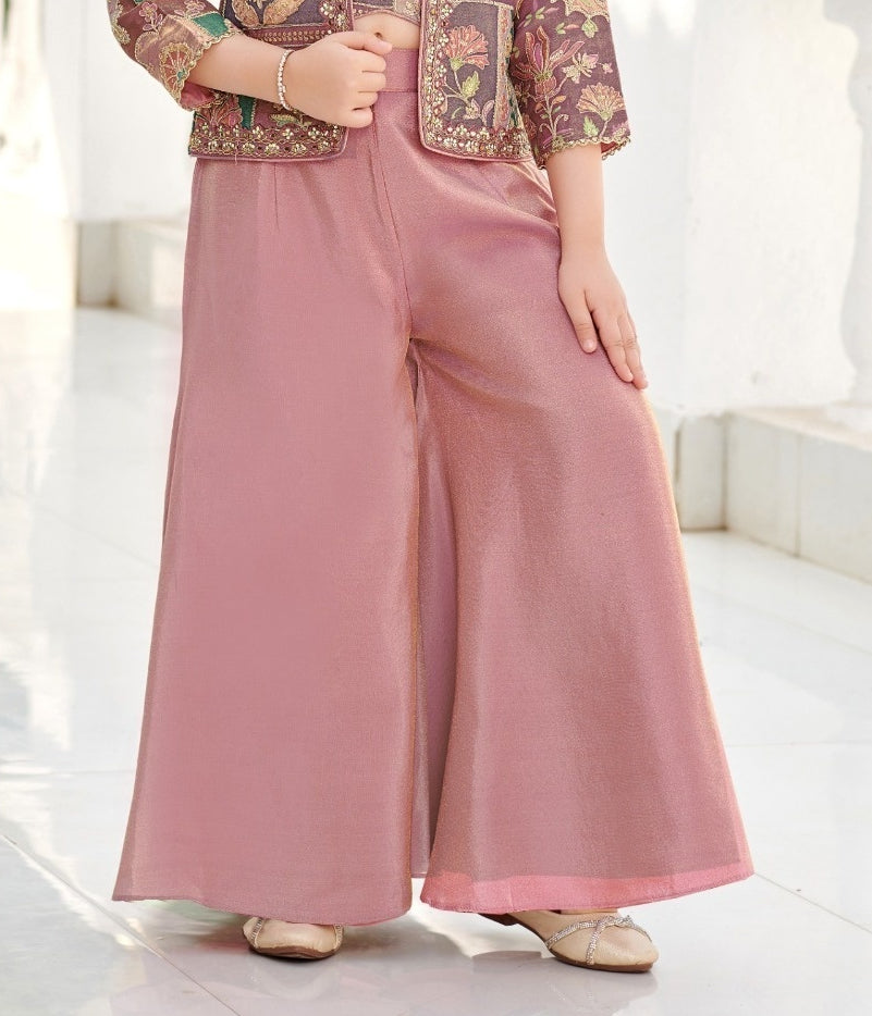 Vintage Rose Mauve Embroidered Jacket Palazzo Set | Kids Ethnic Outfit for Girls