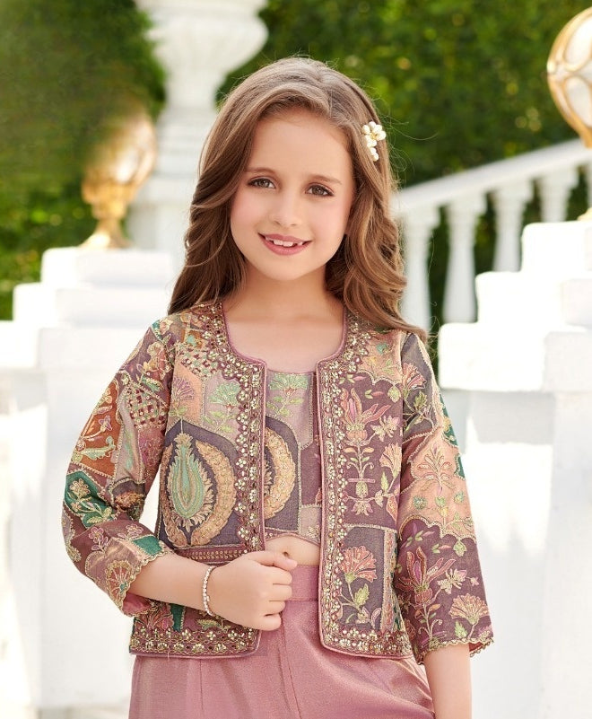 Vintage Rose Mauve Embroidered Jacket Palazzo Set | Kids Ethnic Outfit for Girls