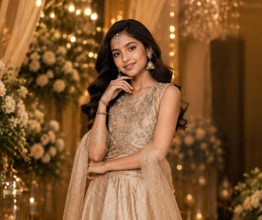 Champagne Gold Embroidered Anarkali Lehenga Set with Dupatta | Ethnic Wear for Girls