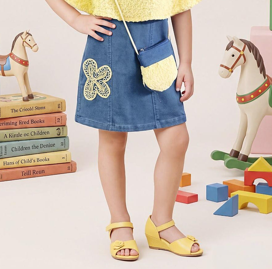 Yellow Textured Cape Top with Denim Skirt | Western Wear For Kids