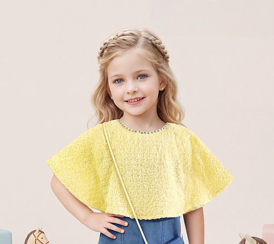 Yellow Textured Cape Top with Denim Skirt | Western Wear For Kids