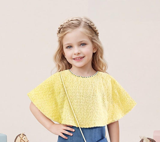 Yellow Textured Cape Top with Denim Skirt | Western Wear For Kids