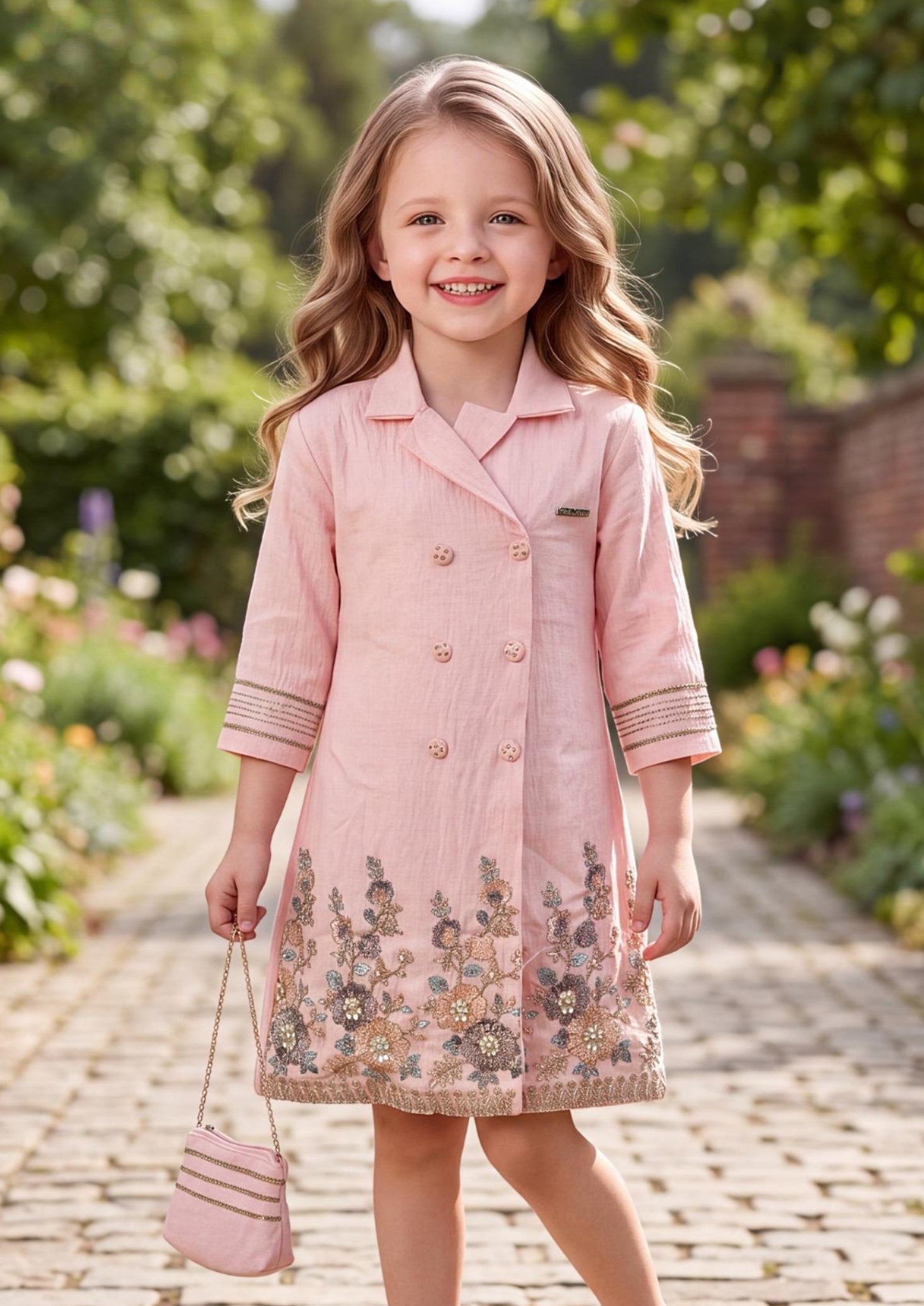 Pink Double-Breasted Embroidered Blazer Dress with Floral Border | Western Wear For Girls