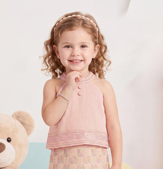 Blush Pink Halter Top with Printed Skirt | Western Wear For Kids