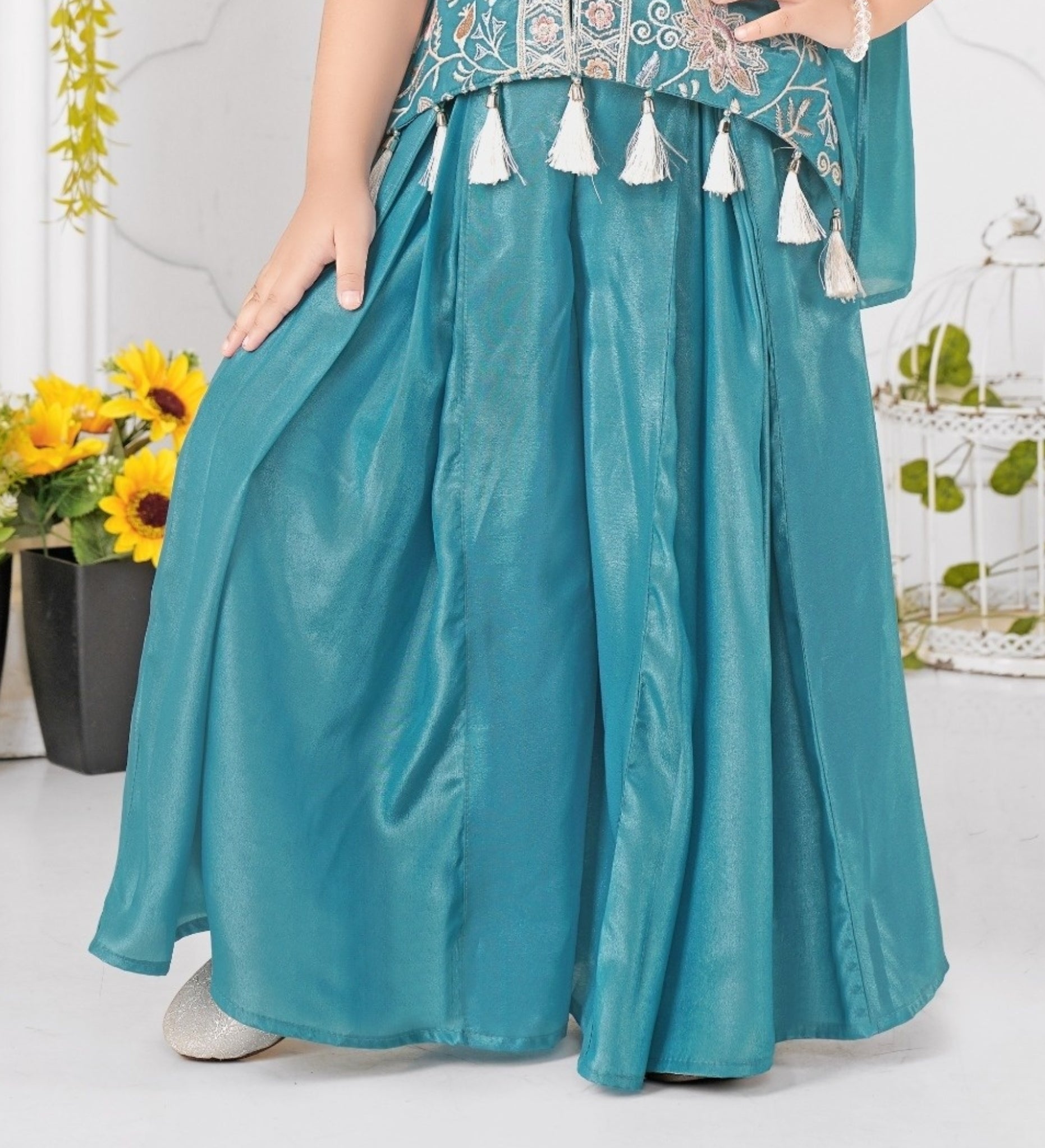 Teal Blue Embroidered Tassel Work Palazzo Sets