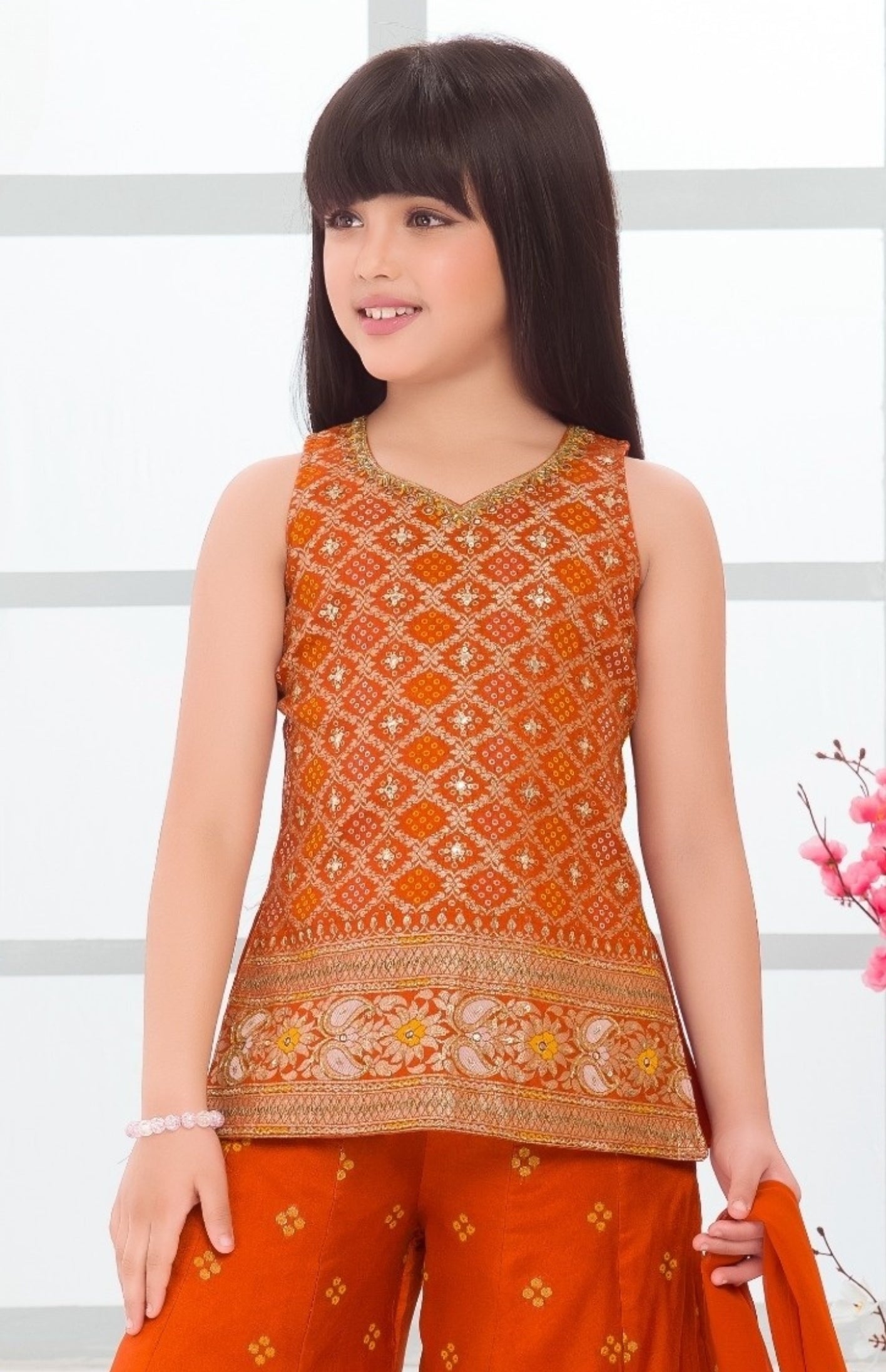 Rust Orange Banarasi Print Palazzo Set with Dupatta