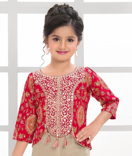 Rani Red & Beige Palazzo Set with Embroidered Jacket