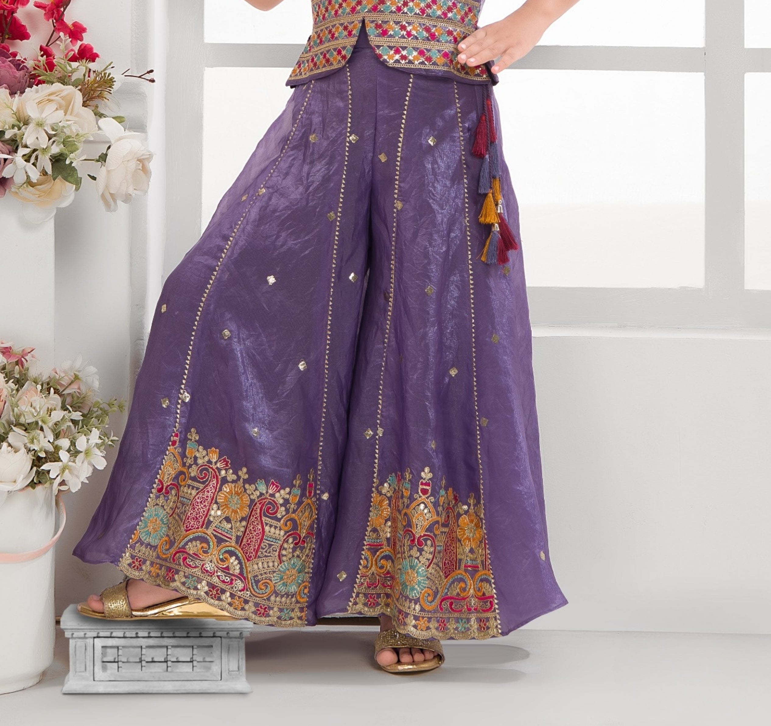 Purple Embroidered Festive Palazzo Set