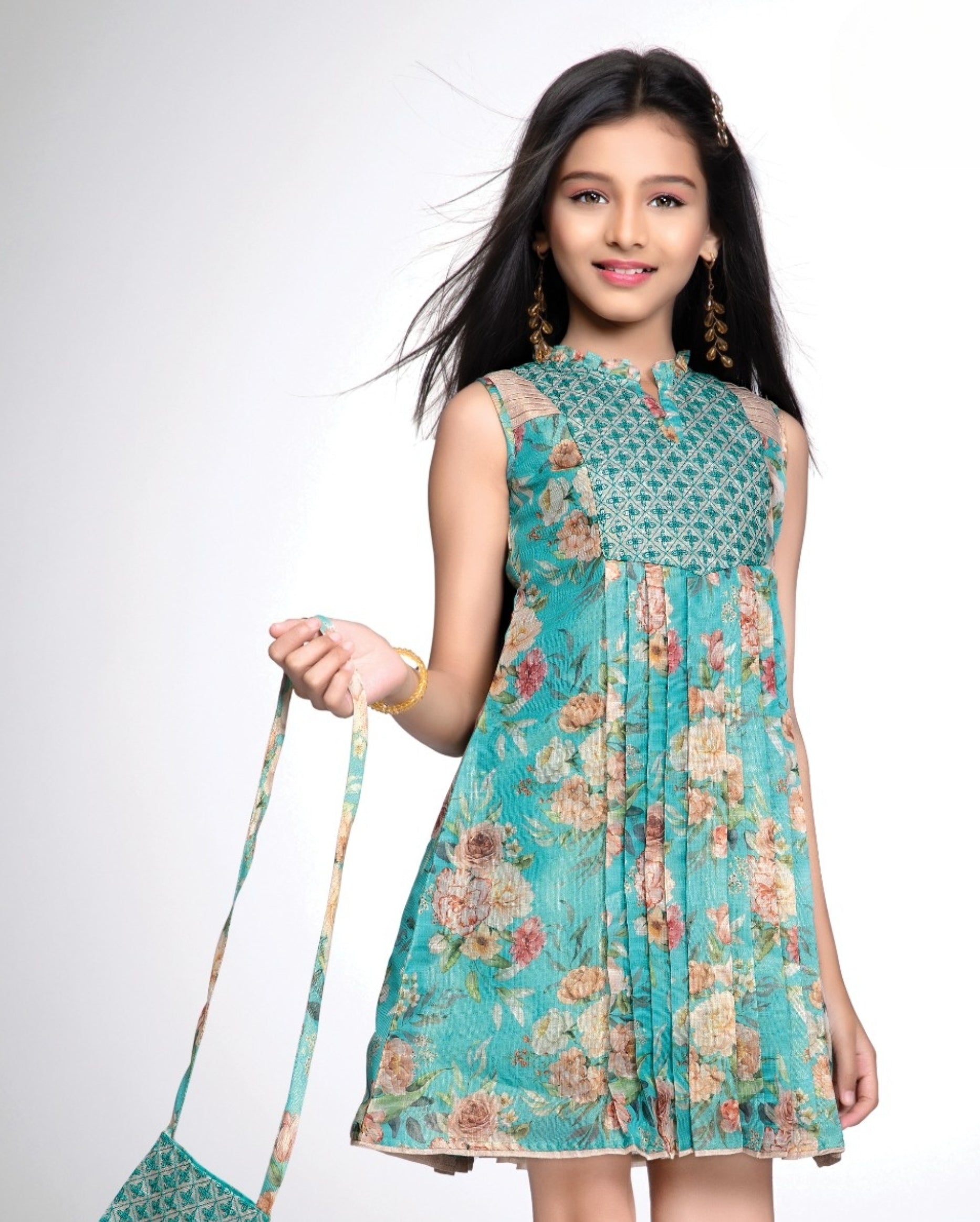 Mint Green Floral Printed Sleeveless Short Frock | Casual Wear Kids Dress for Girls