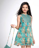 Mint Green Floral Printed Sleeveless Short Frock | Casual Wear Kids Dress for Girls