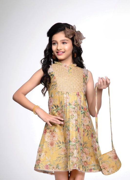 Mustard Floral Printed Sleeveless Short Frock