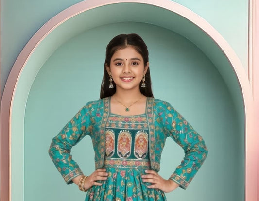 Teal Green Printed Ethnic Lehenga Set | Ethnic Dress for Girls