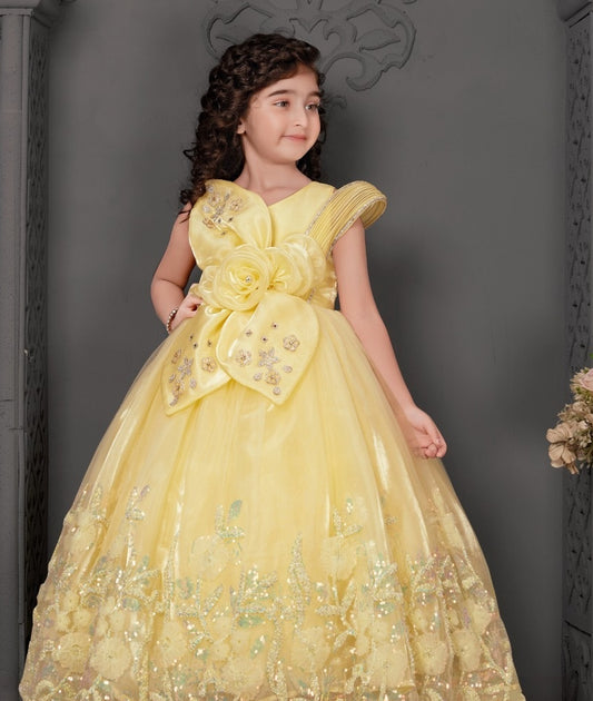 Girls Yellow Floral Embroidered Ball Gown |  Party Wear Dress for Kids