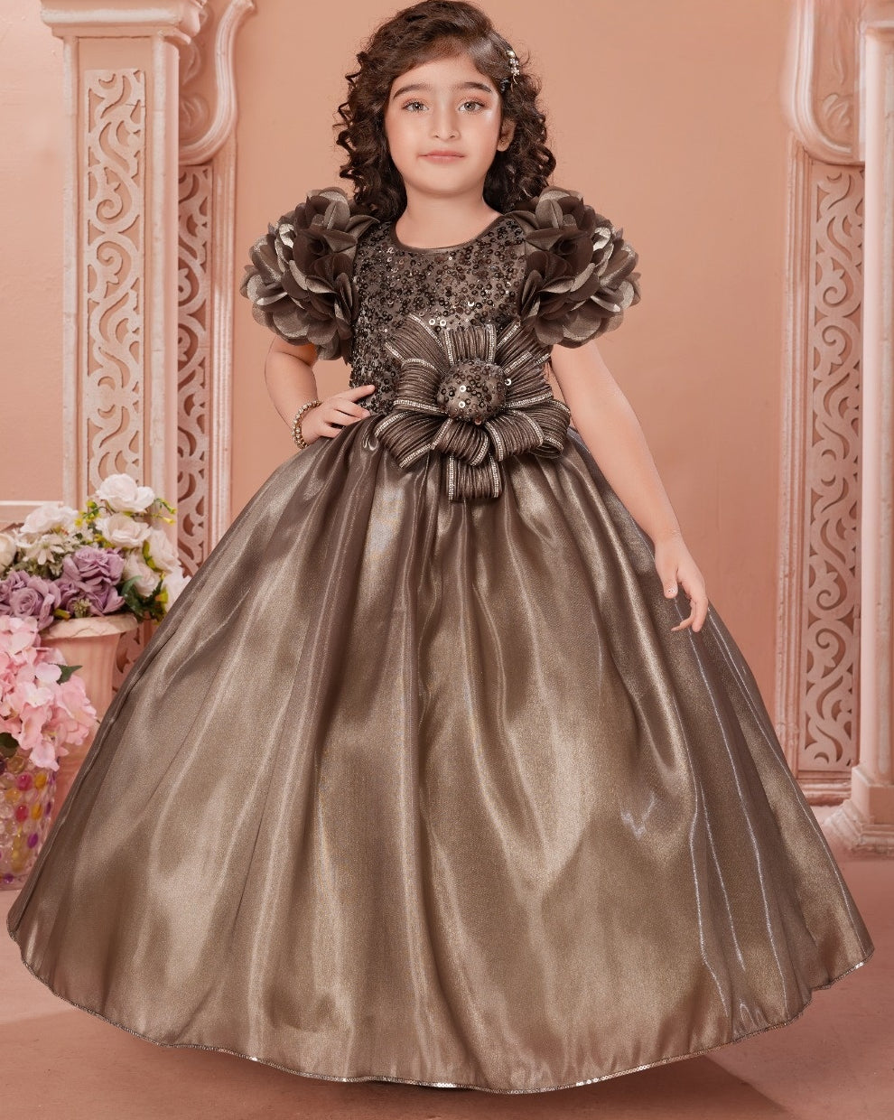 Princess Mehandi Ball Gown with Sequin Floral Bow |  Party Wear Dress for Girls
