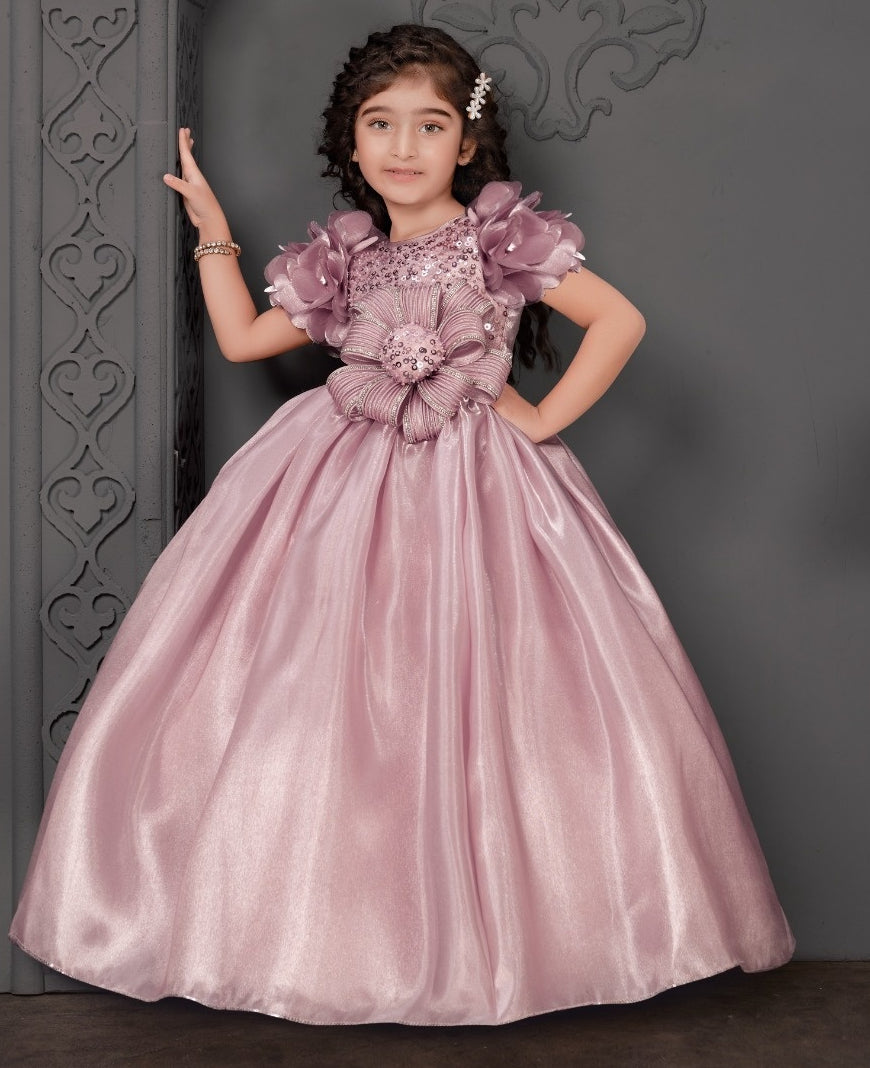 Dusty Rose Princess Ball Gown with Sequin Floral Bow | Party Wear Dress for Girls