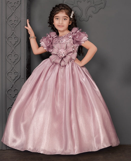 Dusty Rose Princess Ball Gown with Sequin Floral Bow | Party Wear Dress for Girls