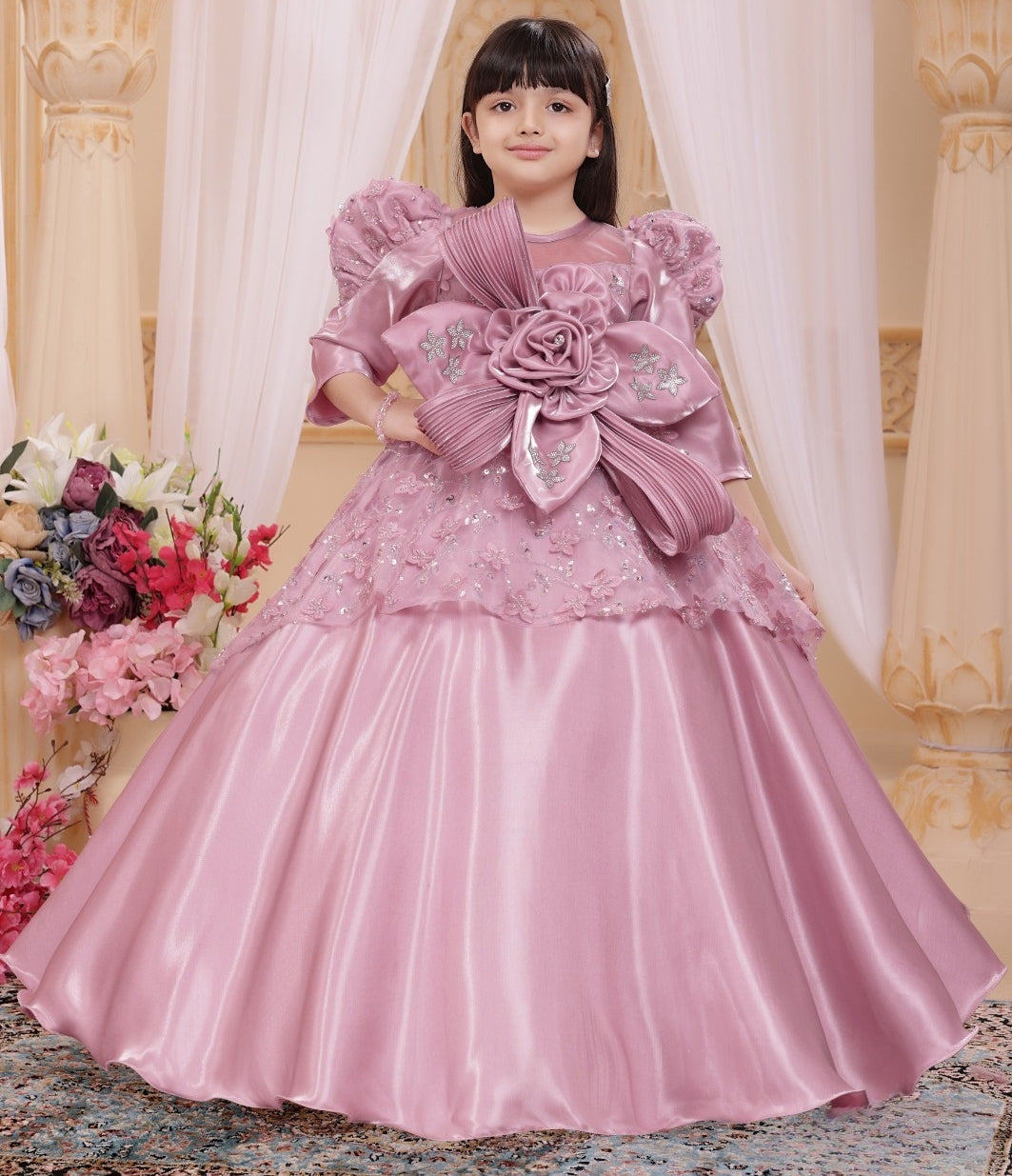 Blush Pink Princess Ball Gown with Floral Bow | Party Wear Dress for Girls