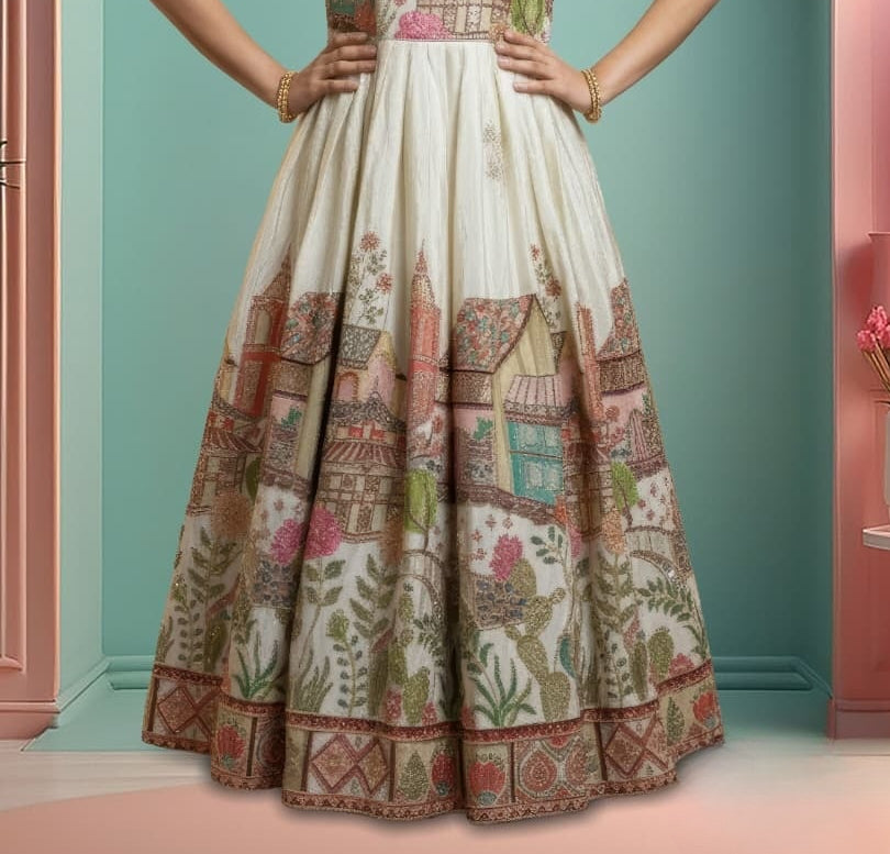 Cream Multi-Print Designer Gown | Festive Ethnic Anarkali Dress for Girls