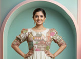 Cream Multi-Print Designer Gown | Festive Ethnic Anarkali Dress for Girls