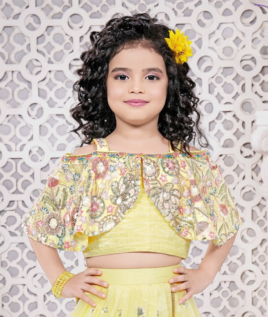 Lemon Yellow Floral Embroidered Lehenga Choli with Cape Sleeves